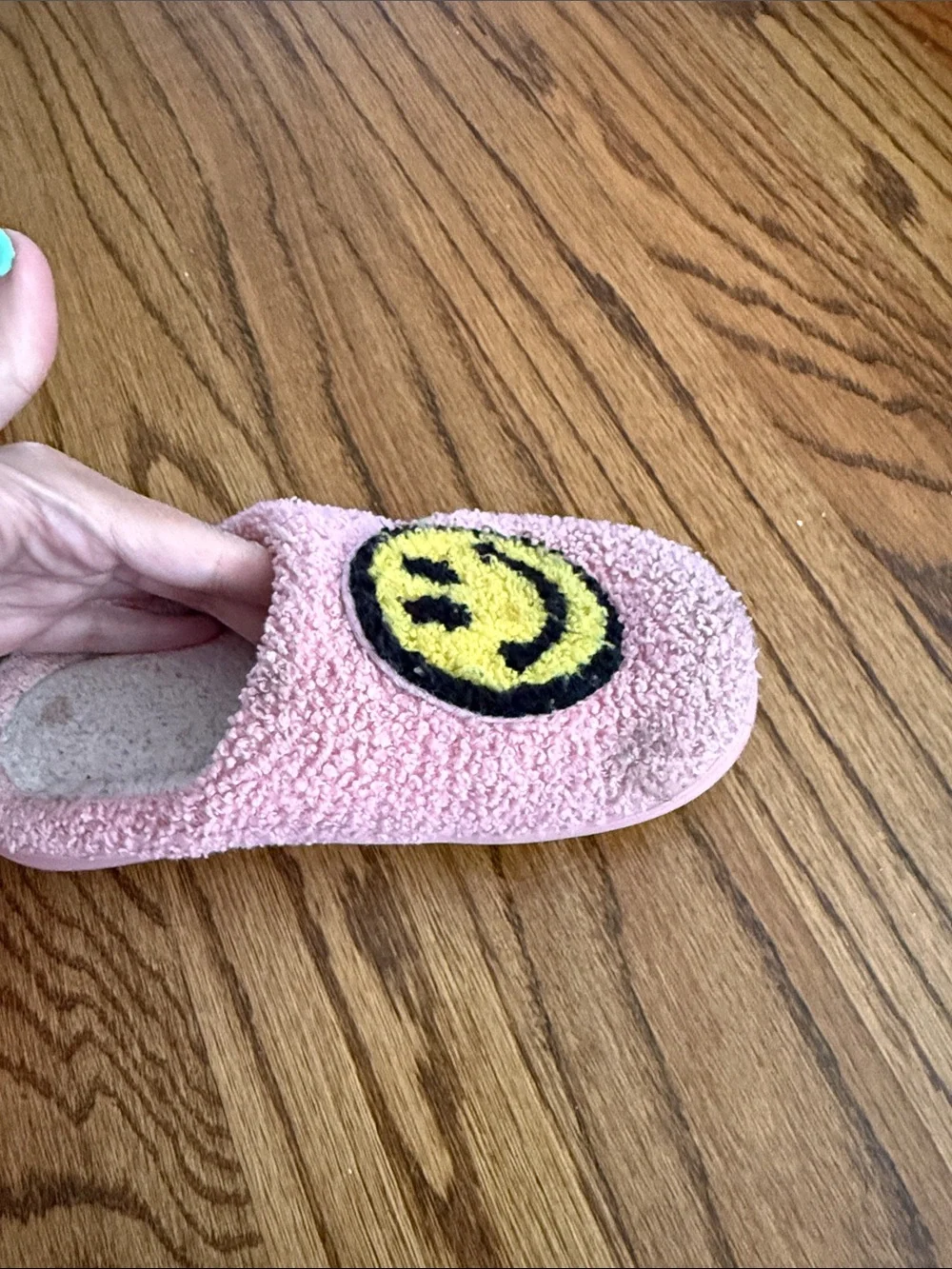 Pink Fuzzy Slip-On Slippers with Yellow Smiley Faces